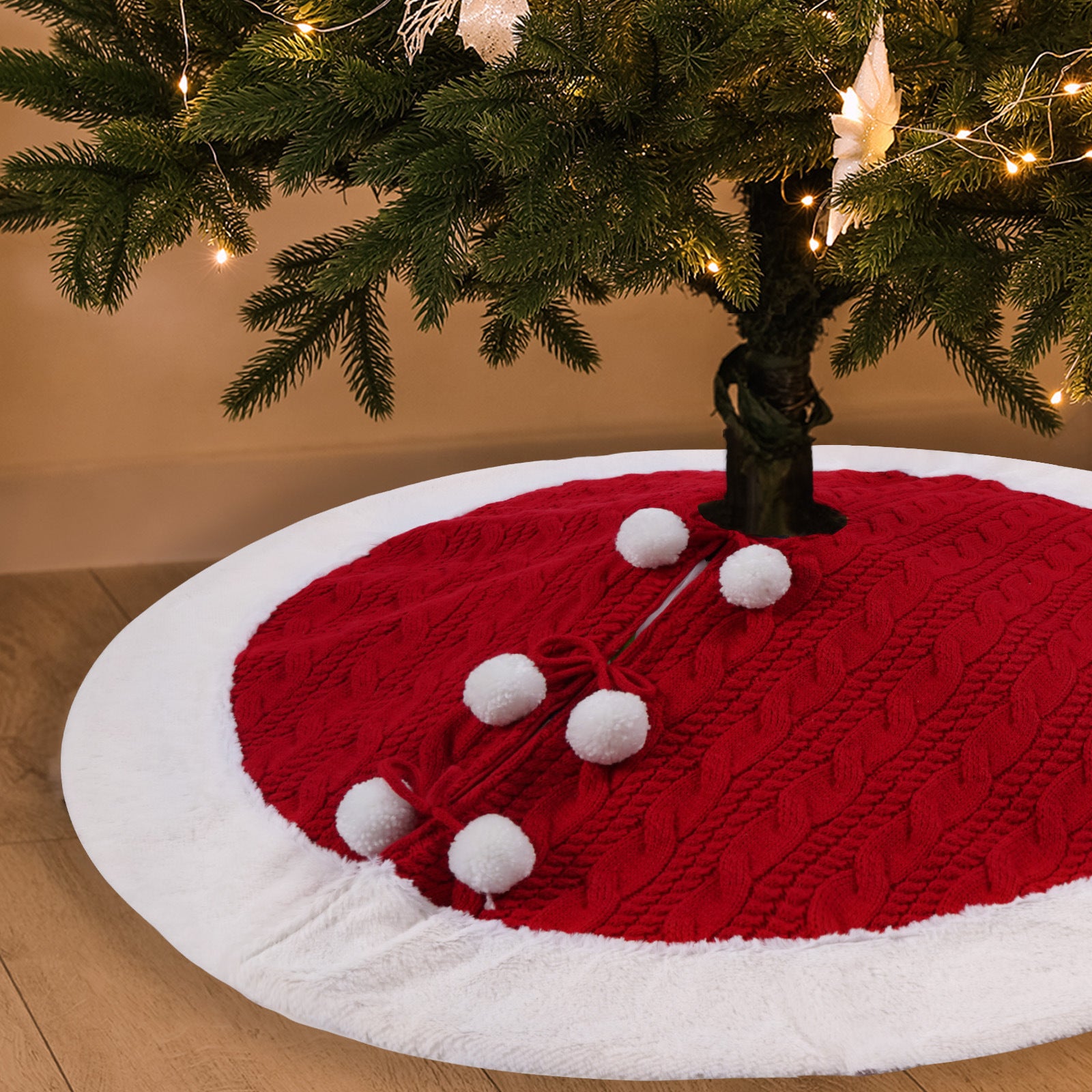 White Pom Pom Knitted Christmas Tree Skirt Bottom Apron Shawl