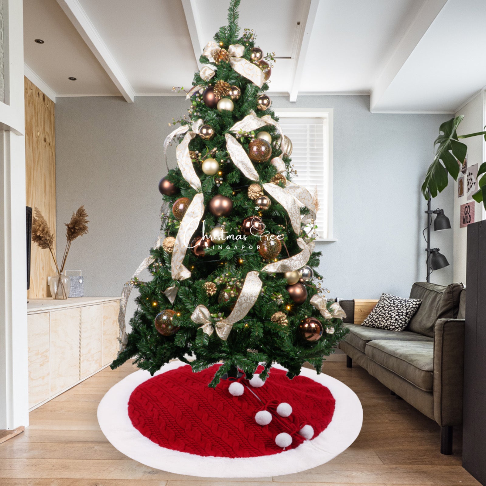 White Pom Pom Knitted Christmas Tree Skirt Bottom Apron Shawl