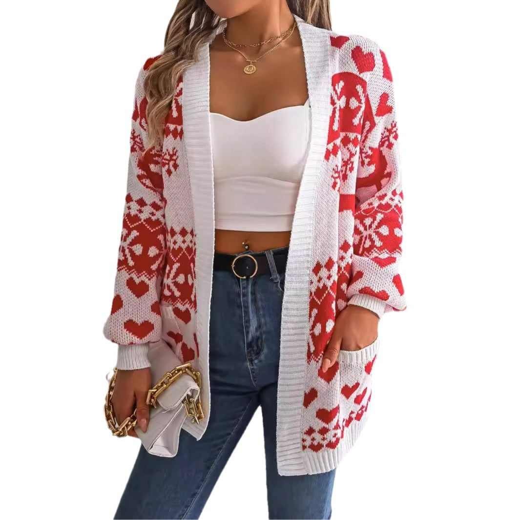 Open Front Cardigan Knitwear Lantern Sleeve Xmas Printed Deer Sweater