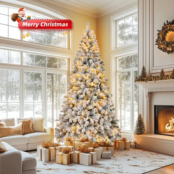 Pre-lit Snow Green Flocked Artificial Christmas Tree 8' with 500 Lights