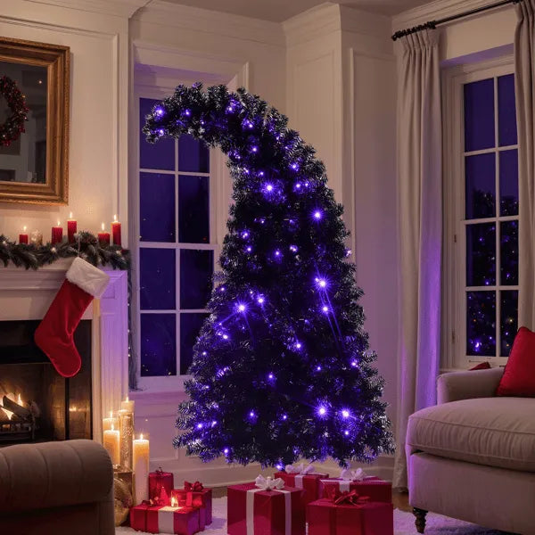 Pre-Lit Curved Shape Artificial Whimsical Black Christmas Tree 6'