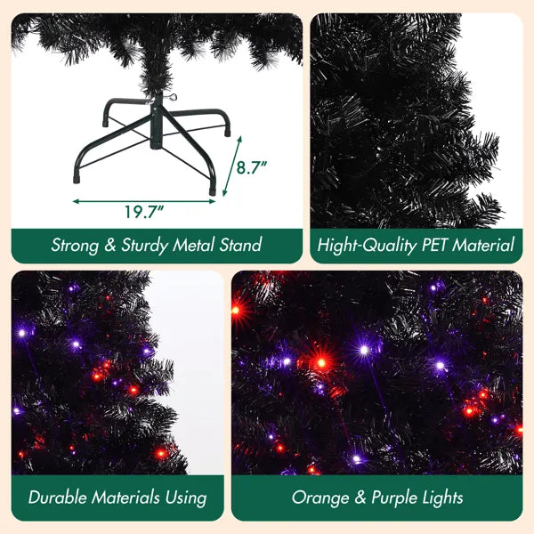 Pre-Lit Curved Shape Artificial Whimsical Black Christmas Tree 6'
