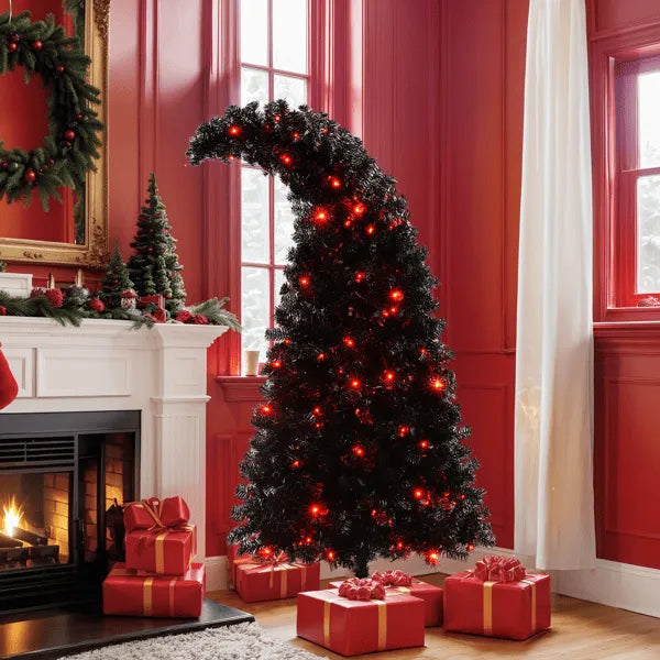 Pre-Lit Curved Shape Artificial Whimsical Black Christmas Tree 6'