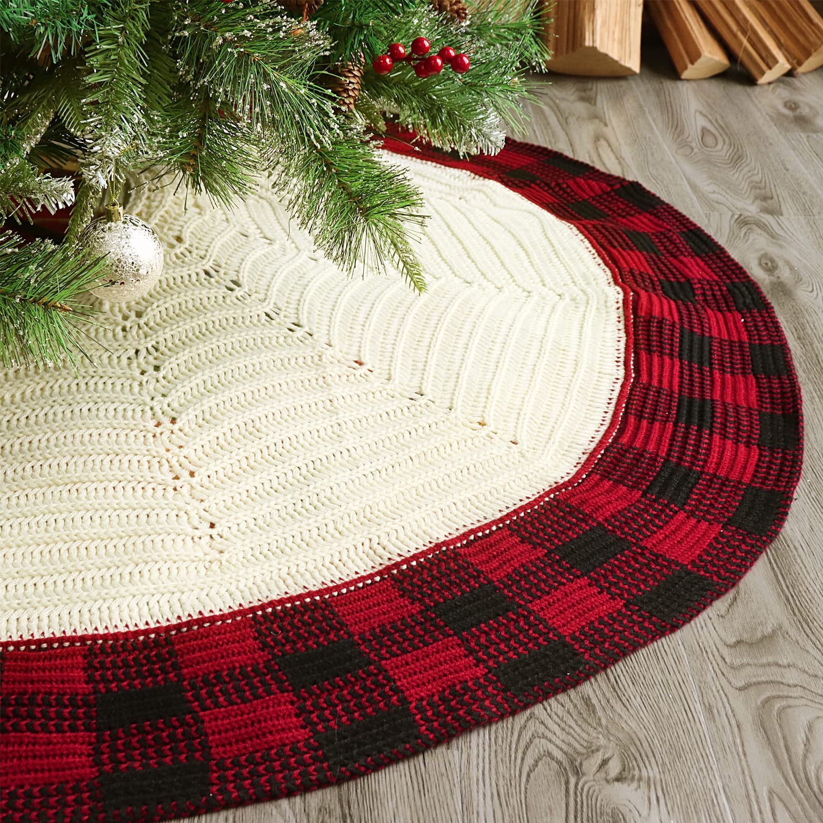 Knitted Christmas Tree Skirt - Ivory White 122cm Decorative Holiday Base Cover