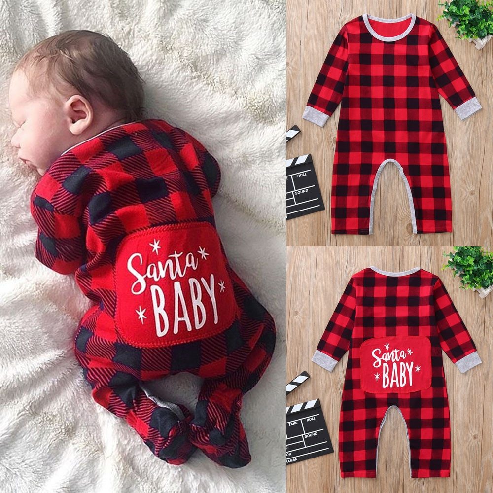 Infant Baby Christmas Santa XMAS Letter Plaid Romper Jumpsuit