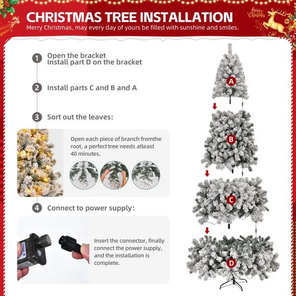 Pre-lit Snow Green Flocked Artificial Christmas Tree 8' with 500 Lights