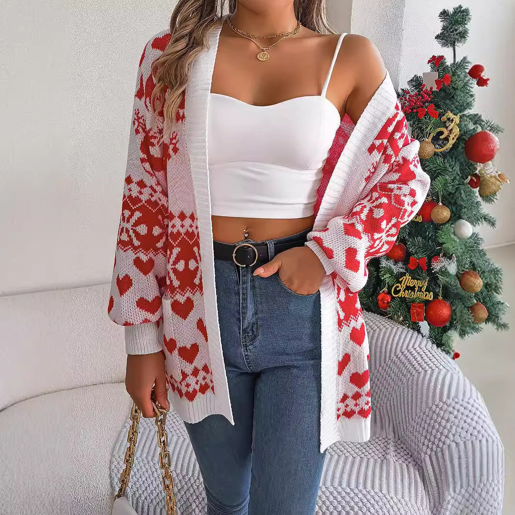 Open Front Cardigan Knitwear Lantern Sleeve Xmas Printed Deer Sweater