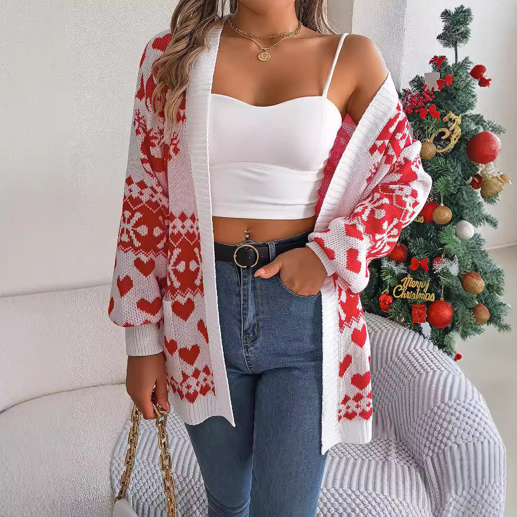 Open Front Cardigan Knitwear Lantern Sleeve Xmas Printed Deer Sweater