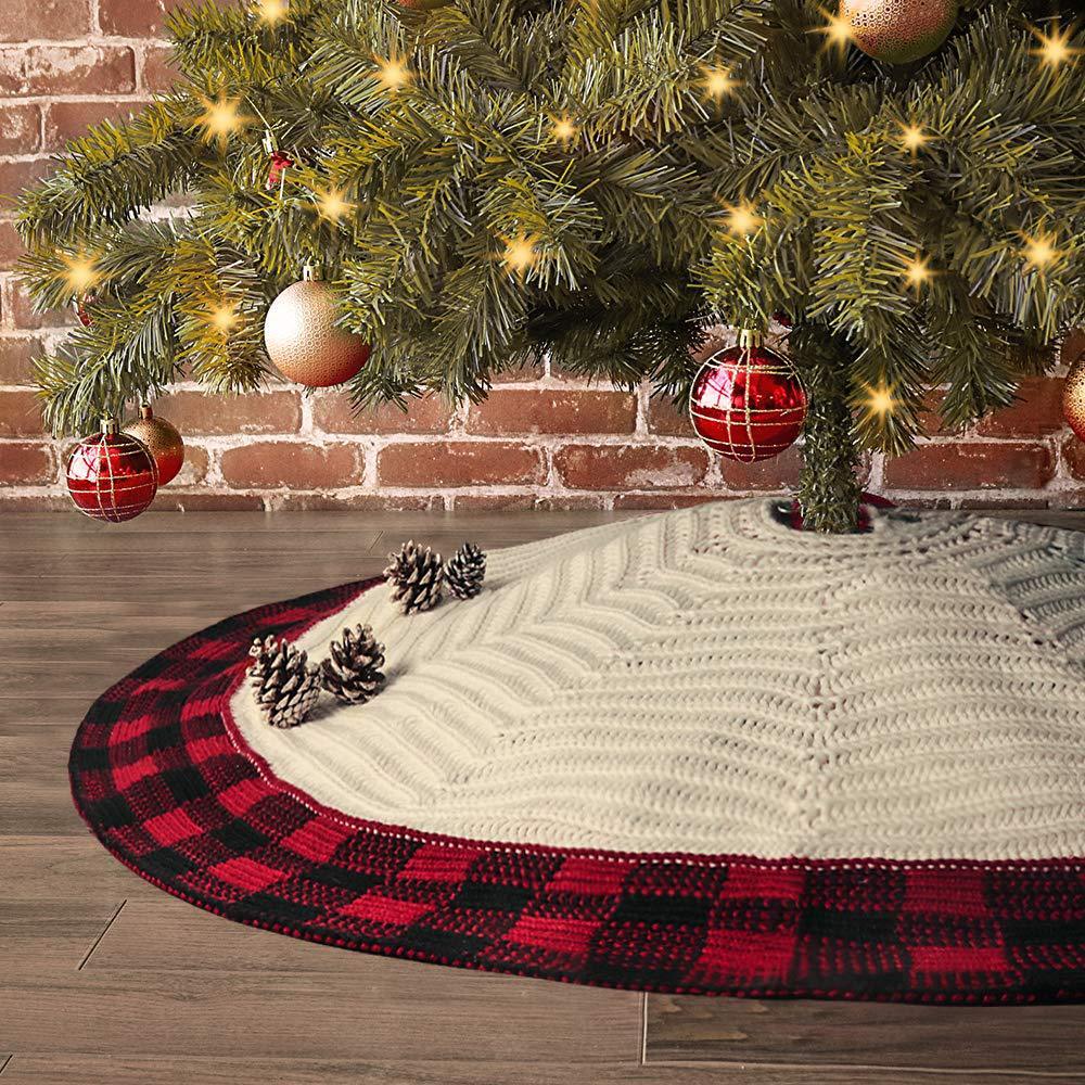 Knitted Christmas Tree Skirt - Ivory White 122cm Decorative Holiday Base Cover