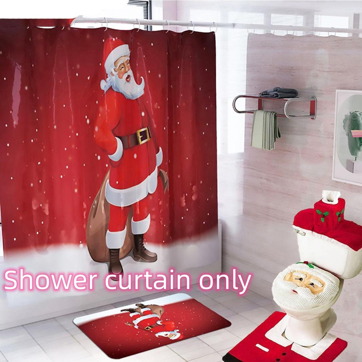 Merry Christmas Bathroom Curtain Santa Claus Toilet Seat