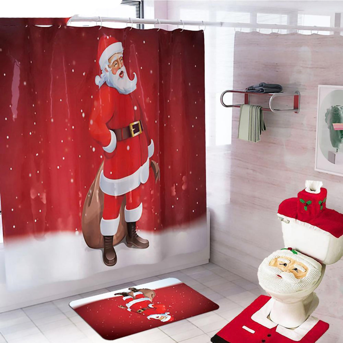 Merry Christmas Bathroom Curtain Santa Claus Toilet Seat