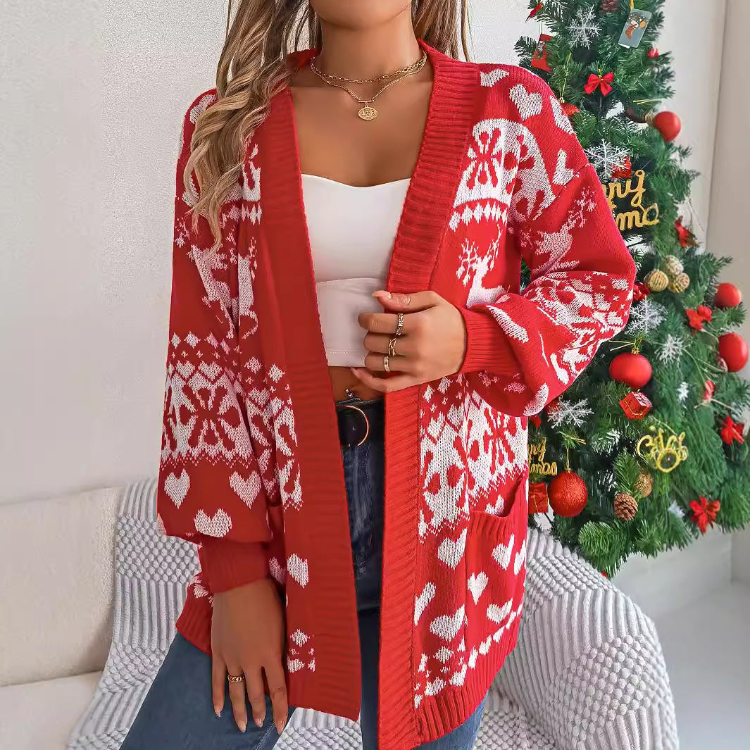 Open Front Cardigan Knitwear Lantern Sleeve Xmas Printed Deer Sweater