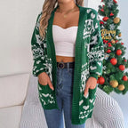Open Front Cardigan Knitwear Lantern Sleeve Xmas Printed Deer Sweater