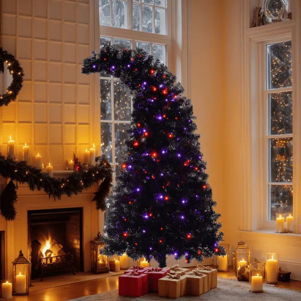 Pre-Lit Curved Shape Artificial Whimsical Black Christmas Tree 6'