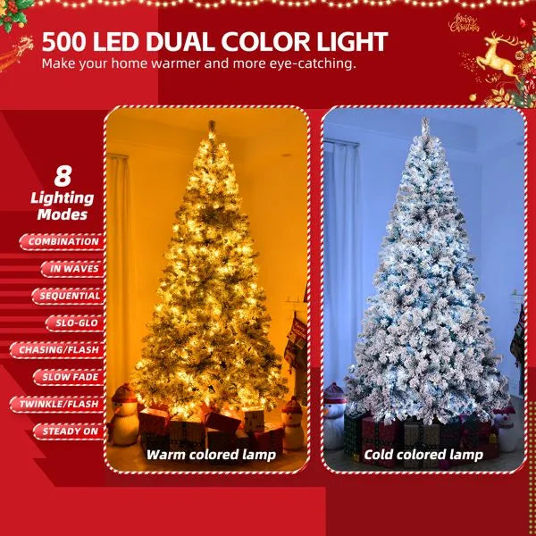 Pre-lit Snow Green Flocked Artificial Christmas Tree 8' with 500 Lights