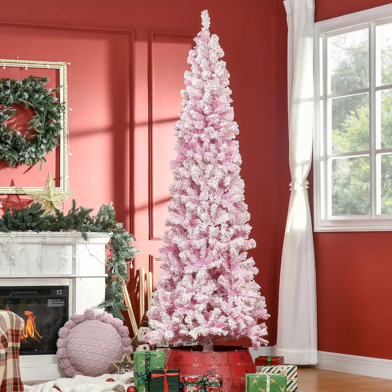 Unlit Slim Pencil Pink Snow Flocked Artificial Christmas Tree 7.5'