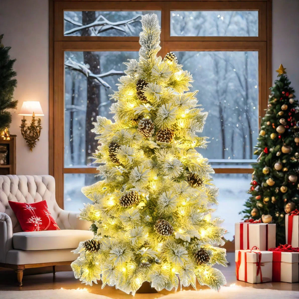 Pre-Lit Spruce Snow Flocked Artificial Christmas Tree 6'
