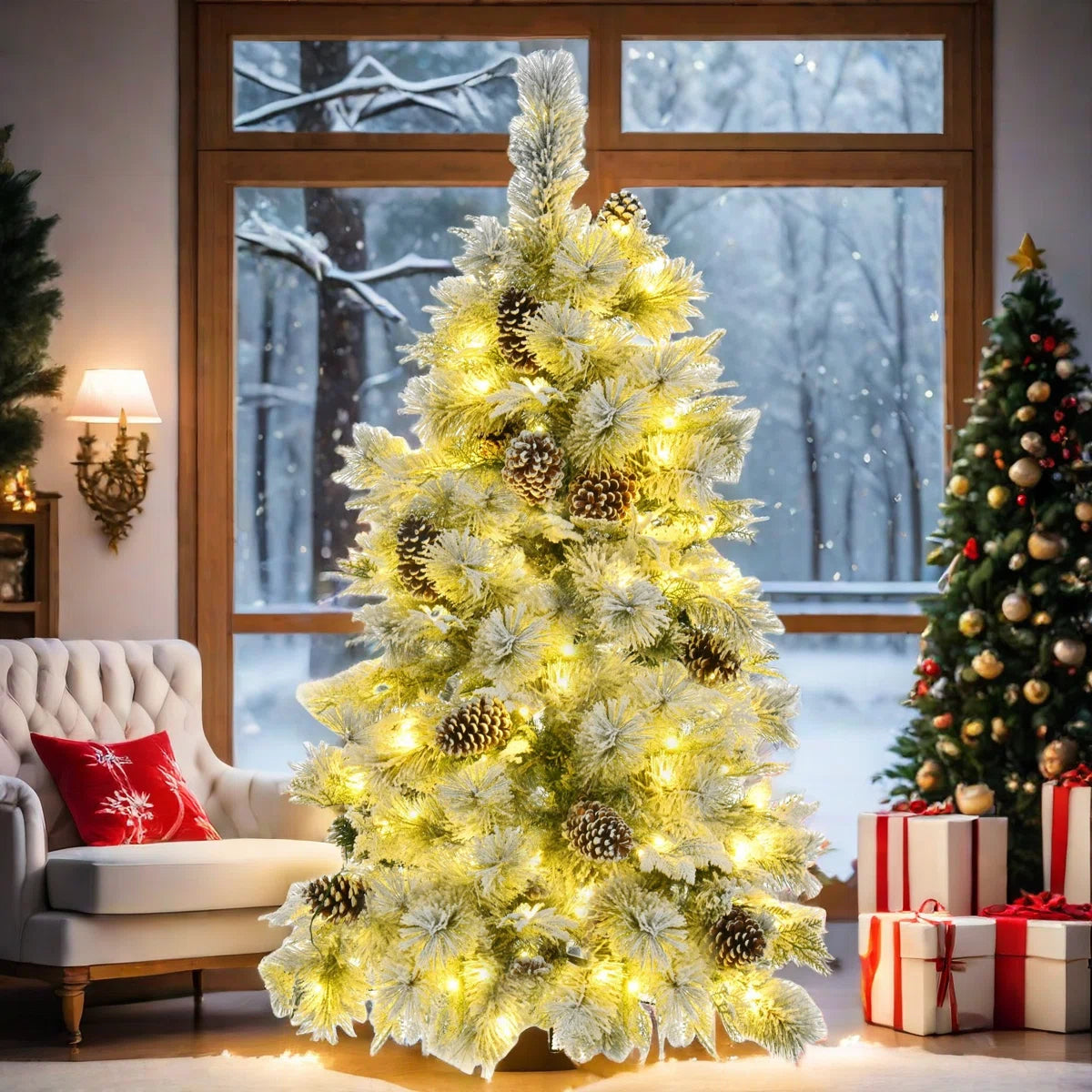 Pre-Lit Spruce Snow Flocked Artificial Christmas Tree 6'