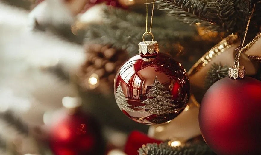 Close-up of Christmas tree ornaments with a blurred background