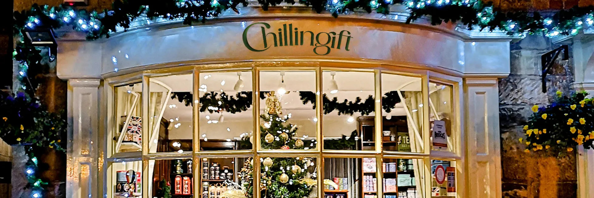 ChillinGift Store for home decorations, festive decorations, decorated for Christmas with lights and wreaths.