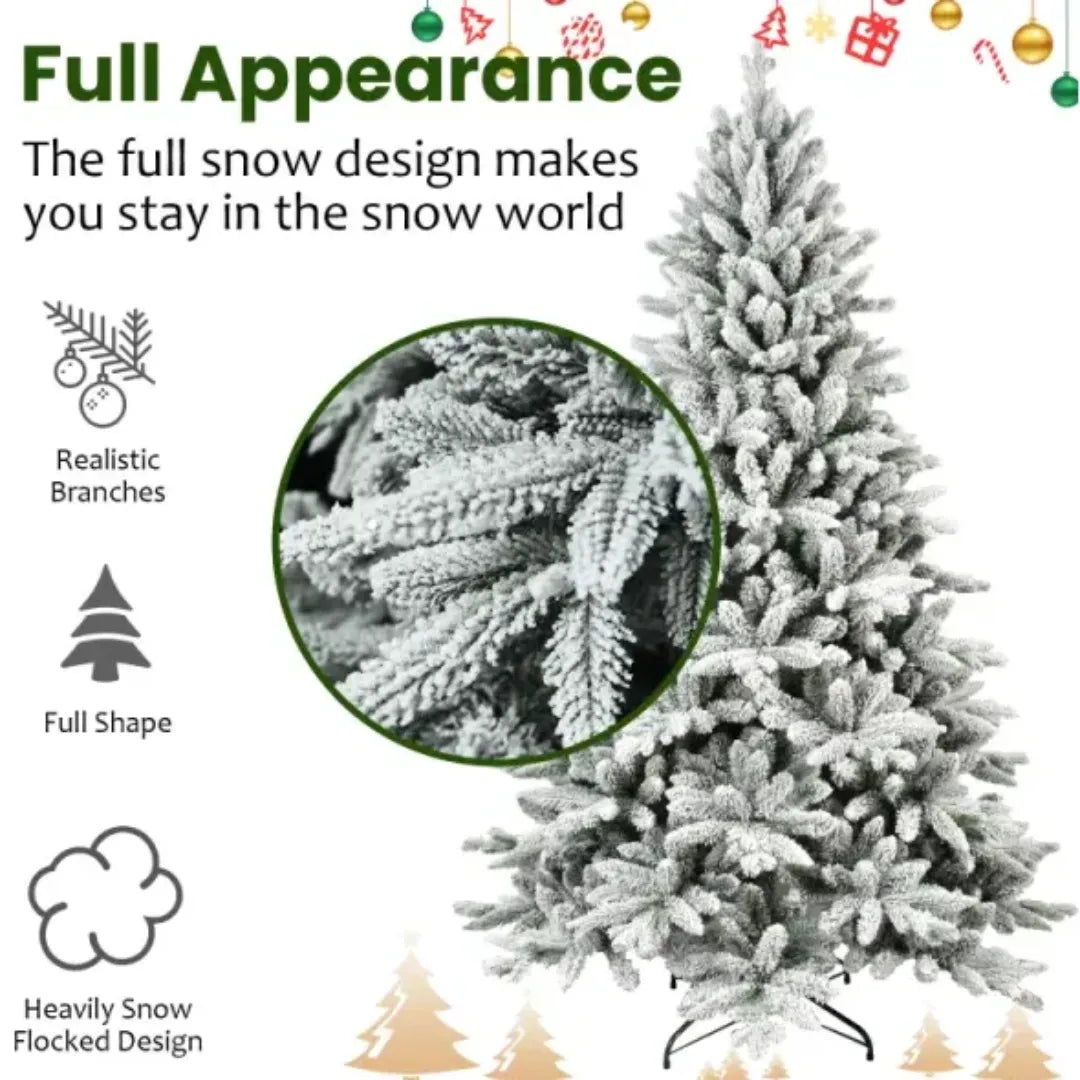 Frosted Christmas tree with text highlighting features on a white background