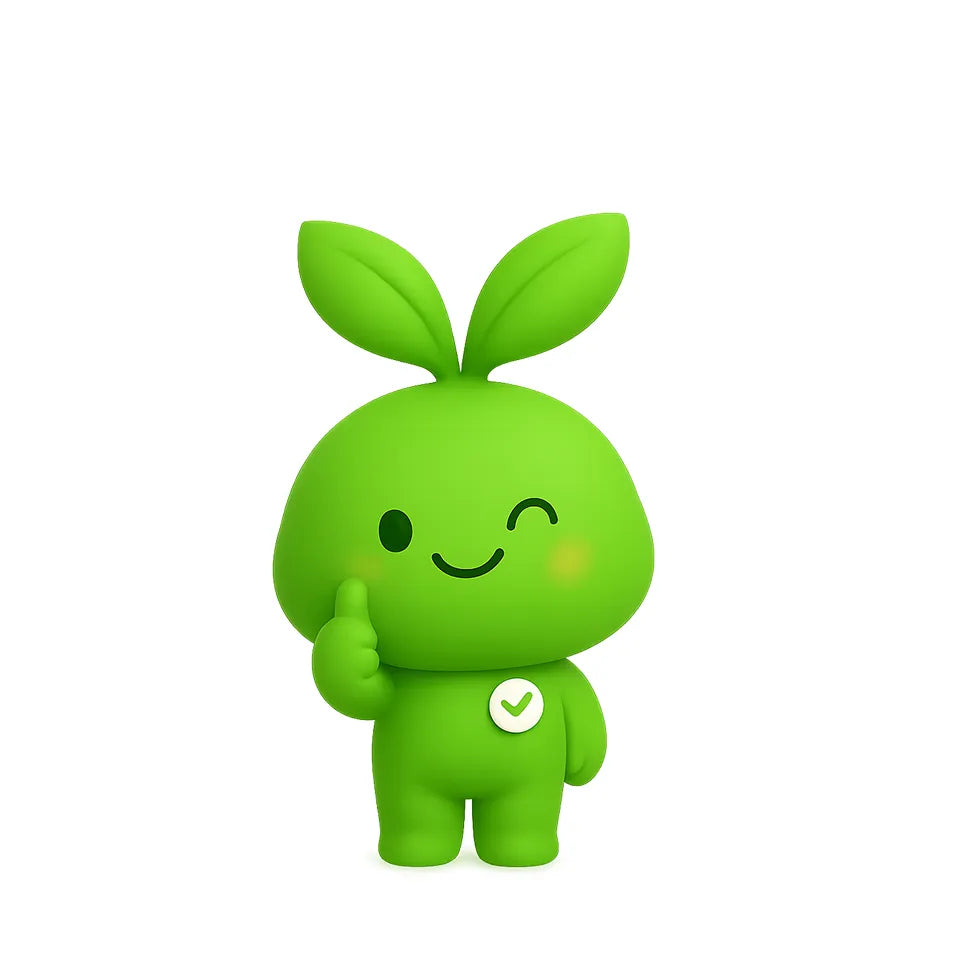 ChillinGift Green cartoon character with a leaf on its head, giving a thumbs up gesture, on a white background.
