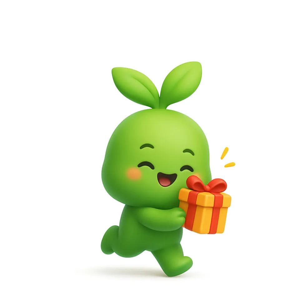 ChillinGift Green cartoon character holding a gift box on a white background