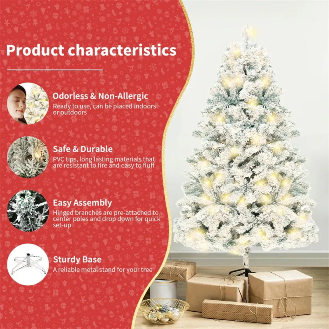 CHILLINGIFT Pre-lit PVC artificial Christmas tree with lights on a white background, featuring product characteristics on a red sidebar.