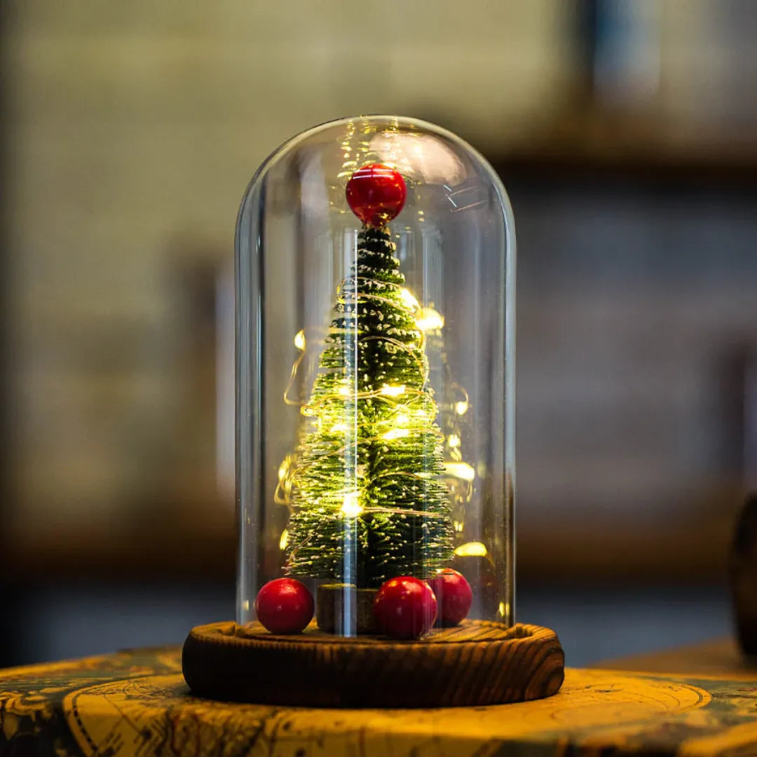 Christmas tree glass cloche with warm led light for home decoration