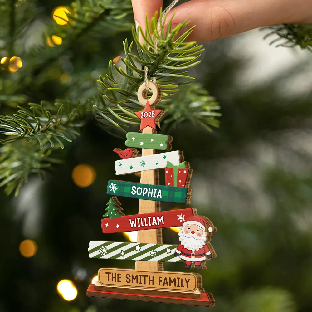 Personalized Christmas ornament with names on a decorated tree