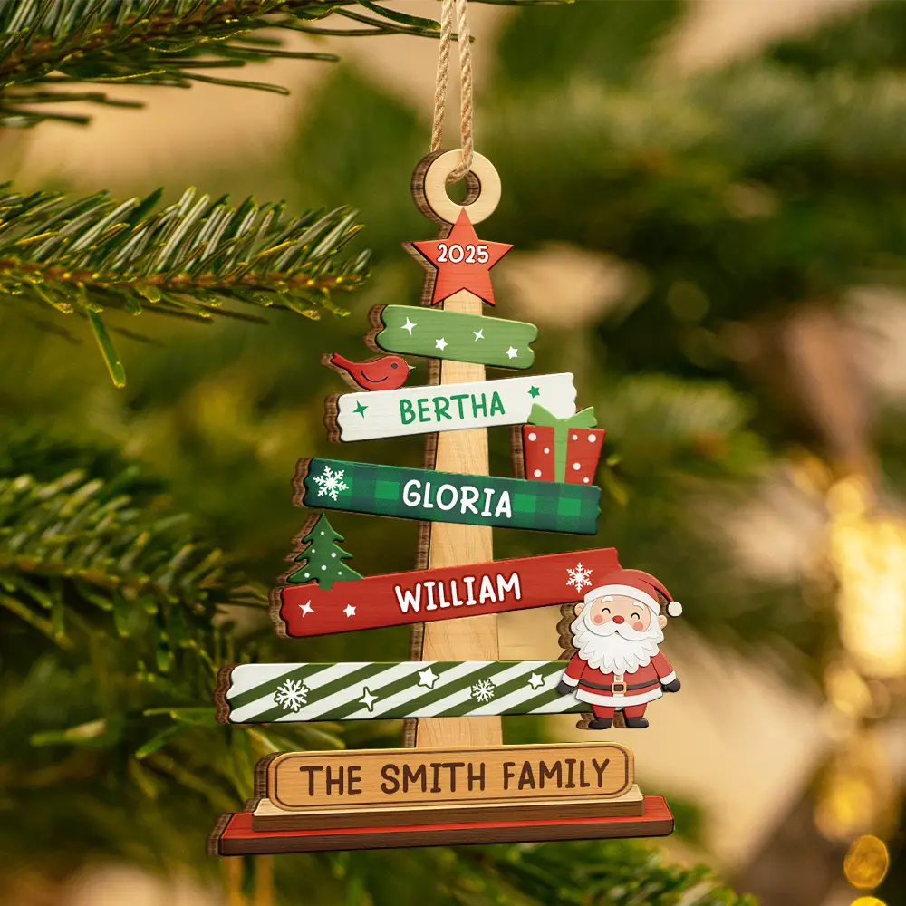 Personalized Family Name Christmas ornament with custom names and year on a tree branch