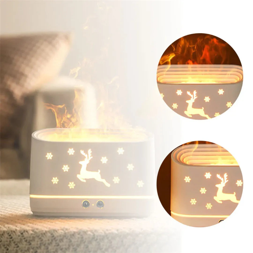 elk design essential oil diffuser with deer and star designs on a soft surface, with close-up insets showing the patterns.