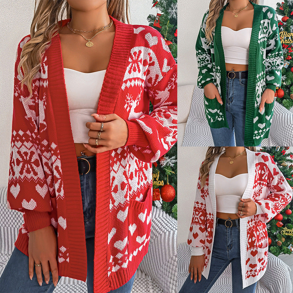 Open Front Cardigan Knitwear Lantern Sleeve Xmas Printed Deer Sweater