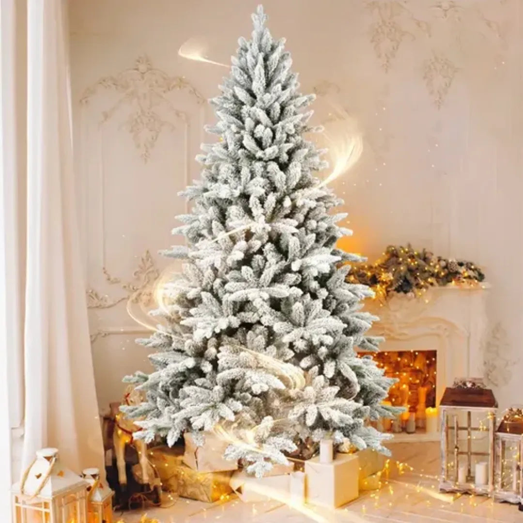 Frosted Christmas tree in a decorated room with lights and presents.