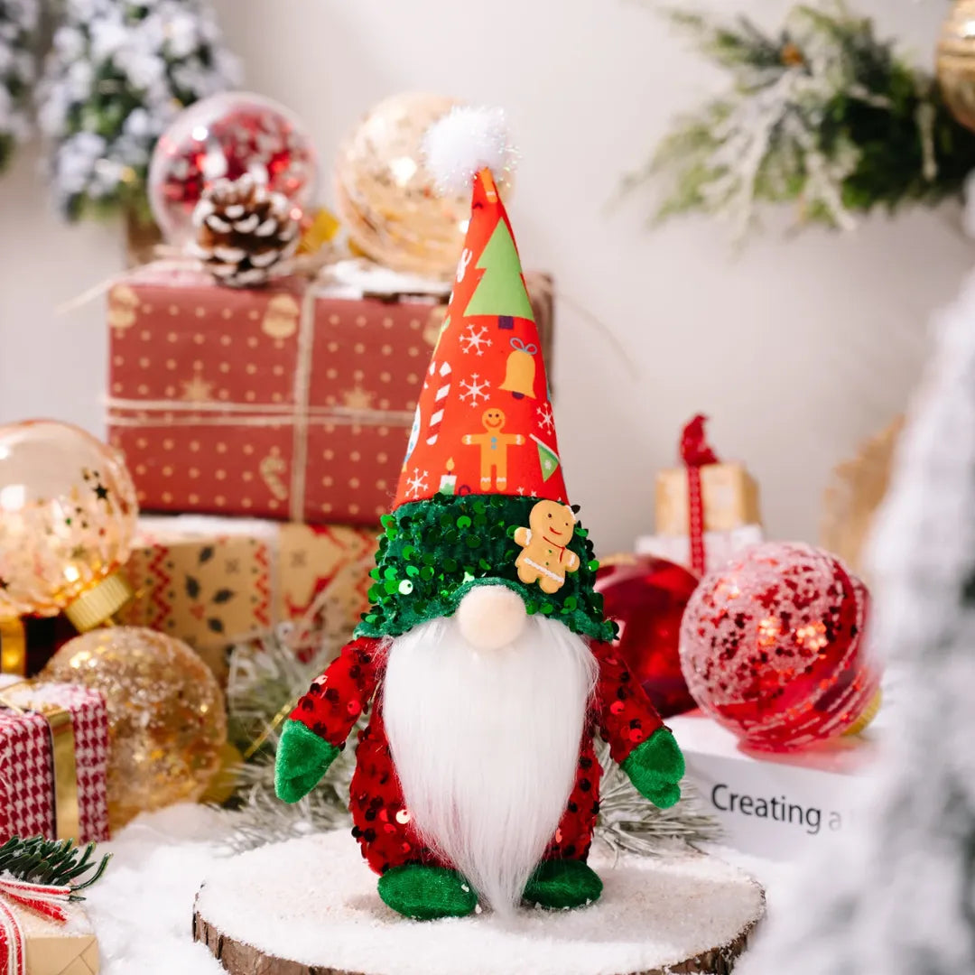 Decorative Christmas gnome with colorful hat and scarf in a festive setting with presents and ornaments.
