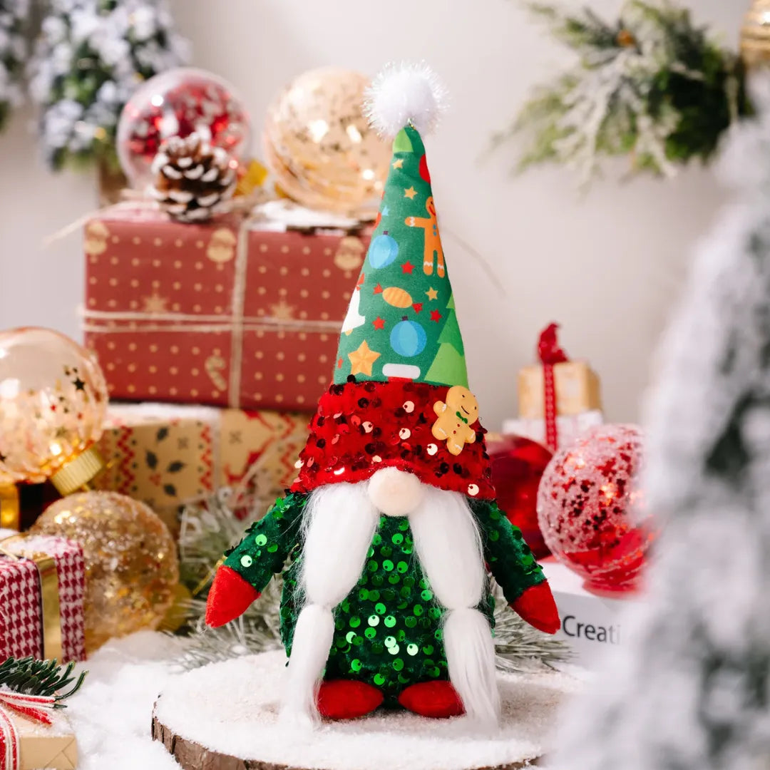 Decorative Christmas gnome with a colorful hat in a festive setting with presents and ornaments.