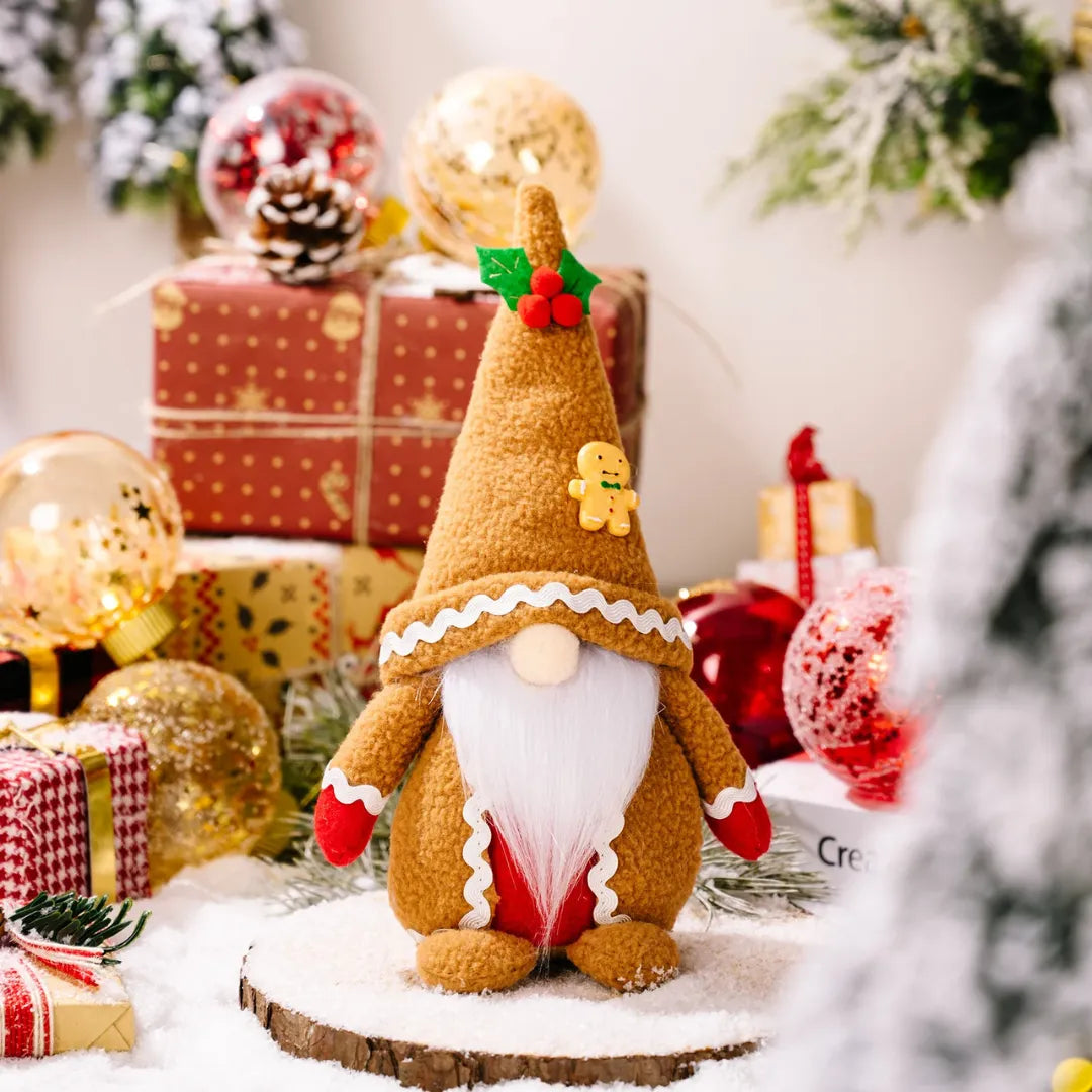 Decorative gingerbread gnome with Christmas decorations and gifts in the background