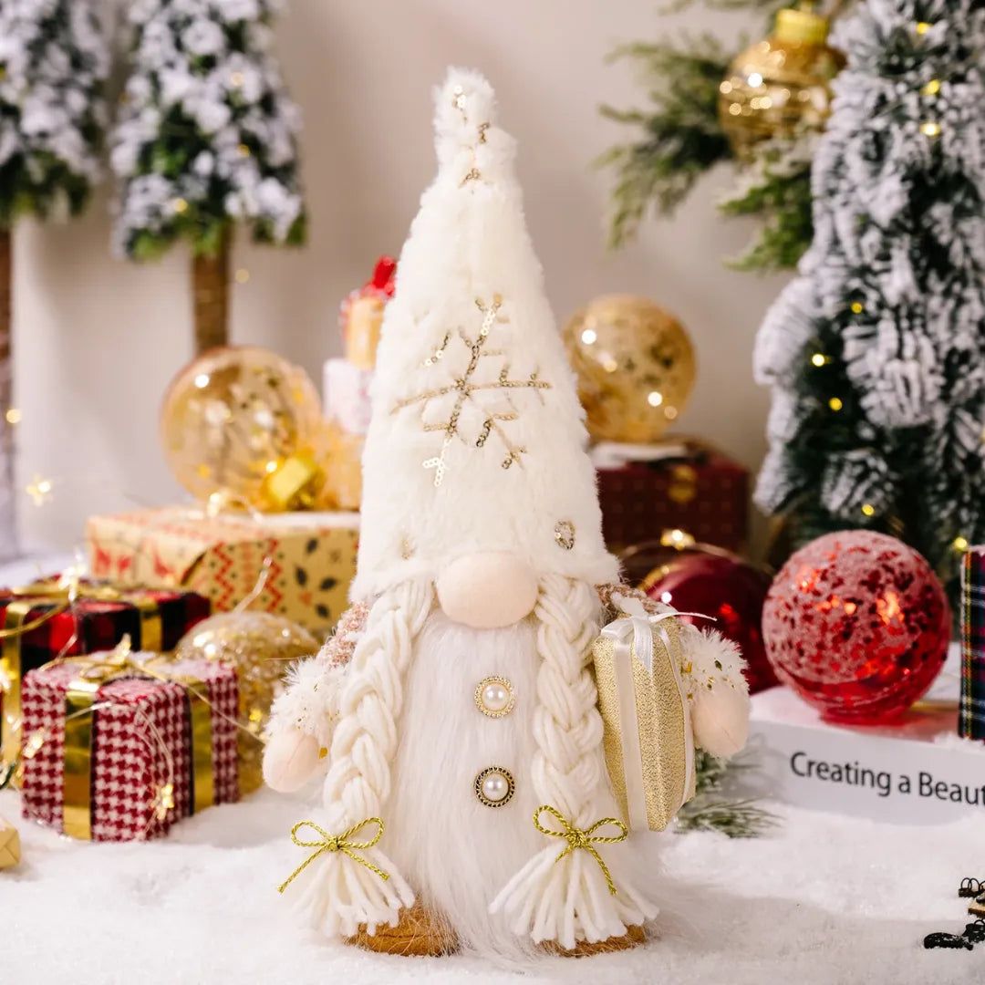 Decorative Christmas gnome with a white beard and gold accents in a festive setting with presents and ornaments.