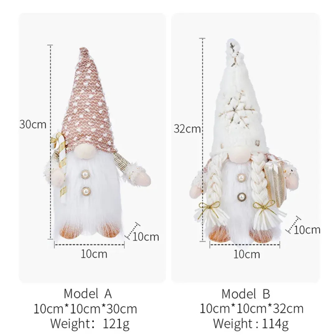 Two decorative gnomes with measurements and weights labeled on a white background