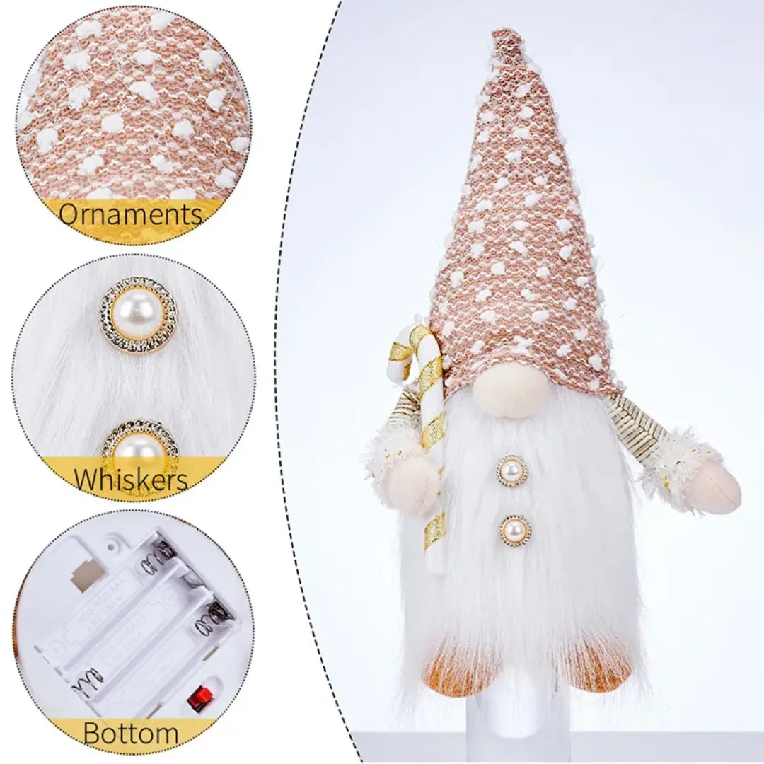 Decorative gnome with rose gold hat, white body, and decorative elements on a white background.