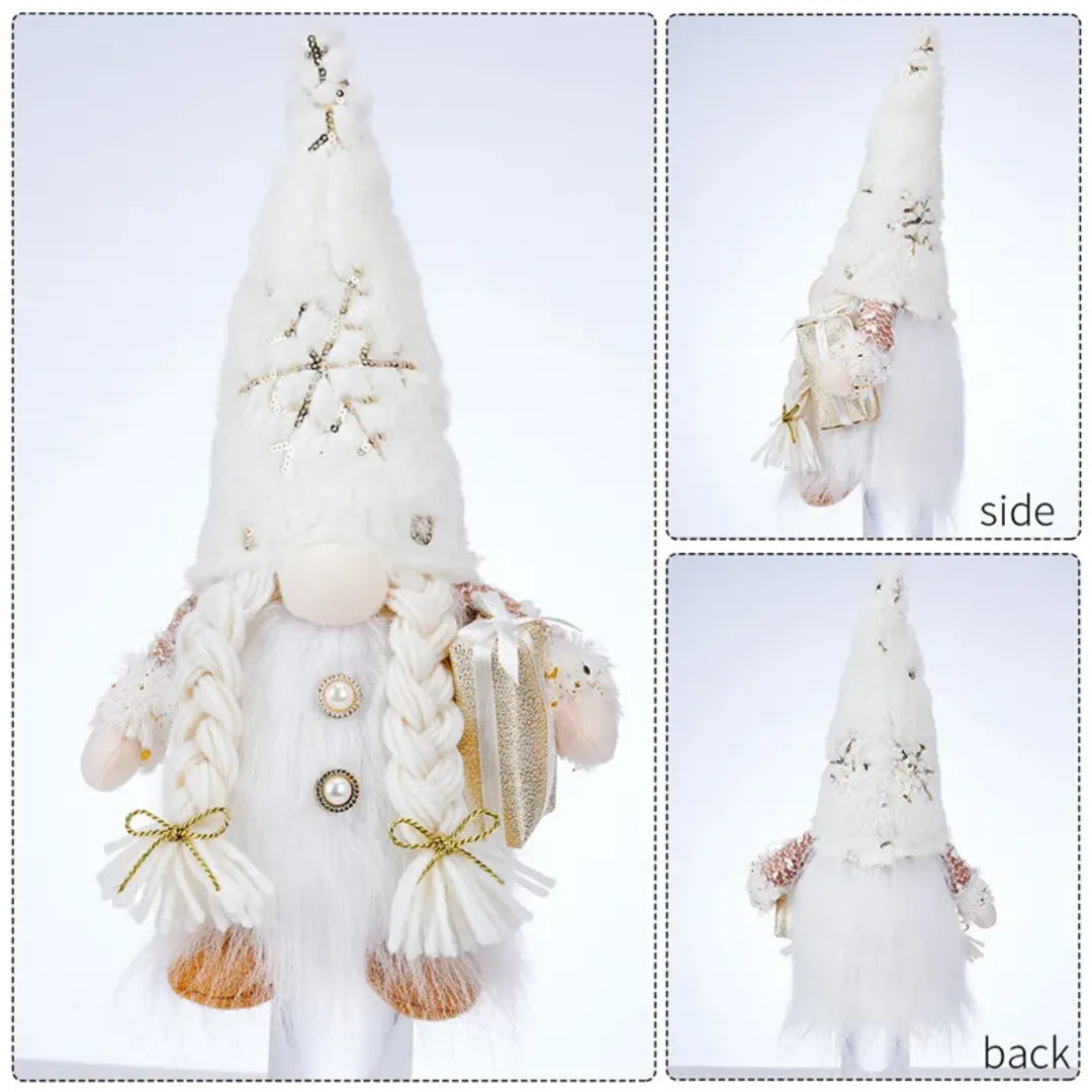 Decorative gnome with white outfit and gold accents, shown from different angles on a light gray background.
