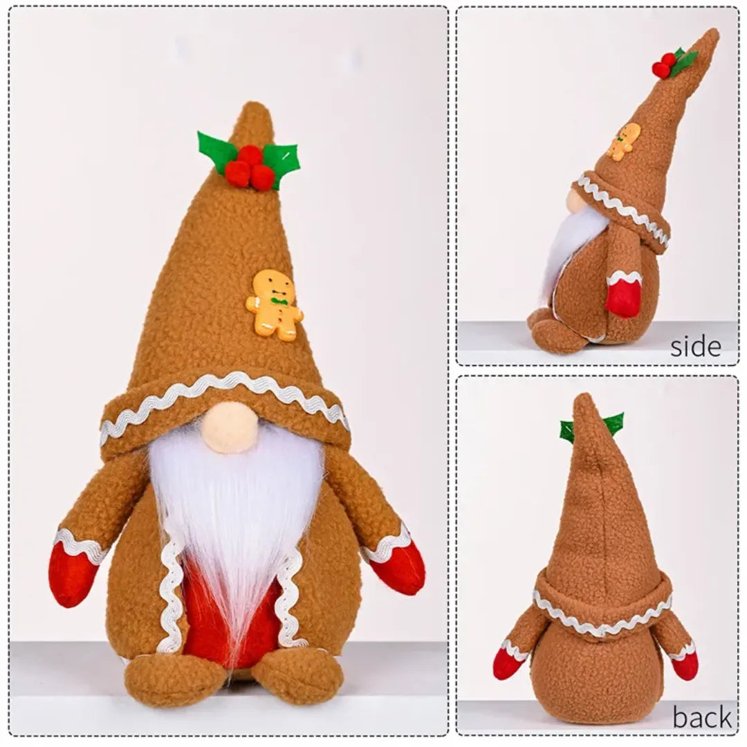 Gingerbread-themed gnome plush toy with decorative elements on a light gray background