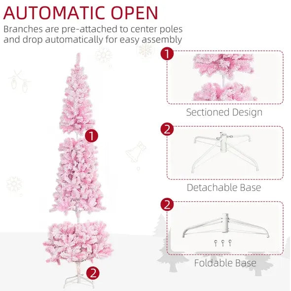 Unlit Slim Pencil Pink Snow Flocked Artificial Christmas Tree 7.5'