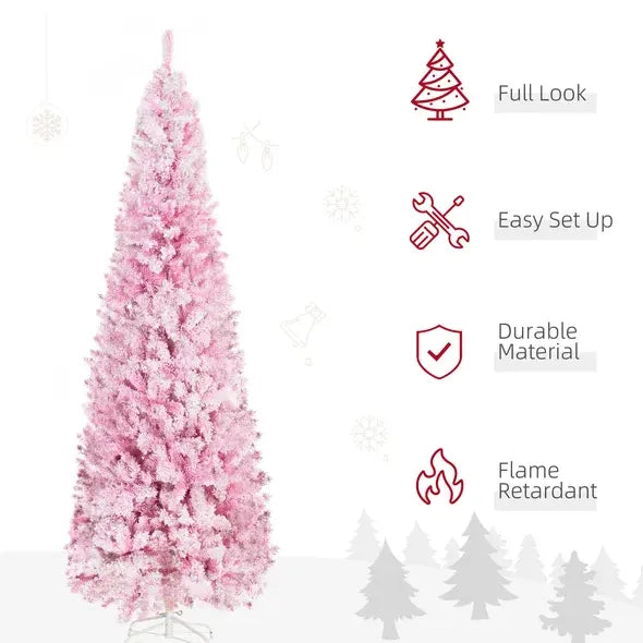 Unlit Slim Pencil Pink Snow Flocked Artificial Christmas Tree 7.5'