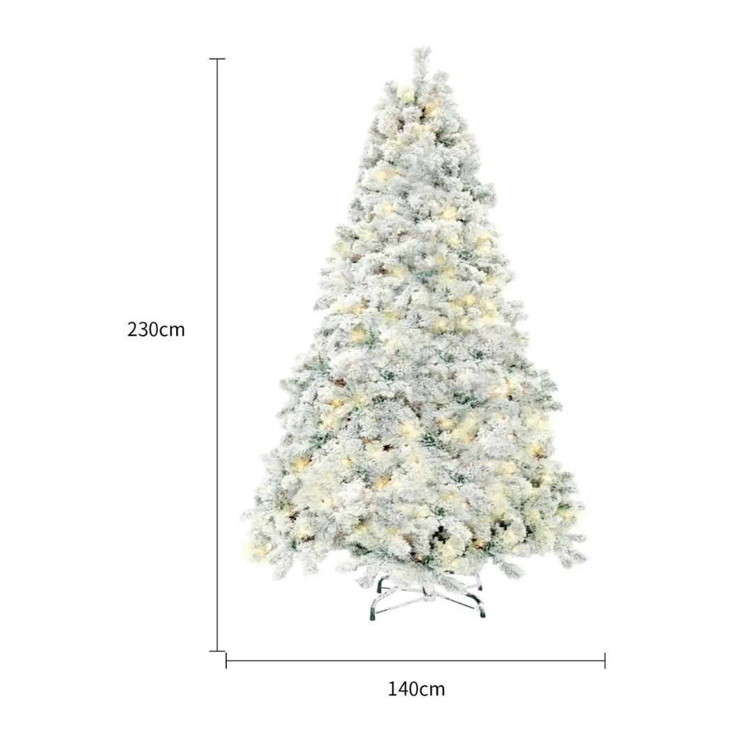 Pre-lit white Christmas tree 7.5ft with dimensions on a white background