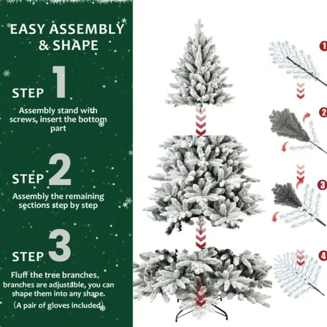 Step-by-step assembly guide for a decorated Christmas tree with text on a green background.