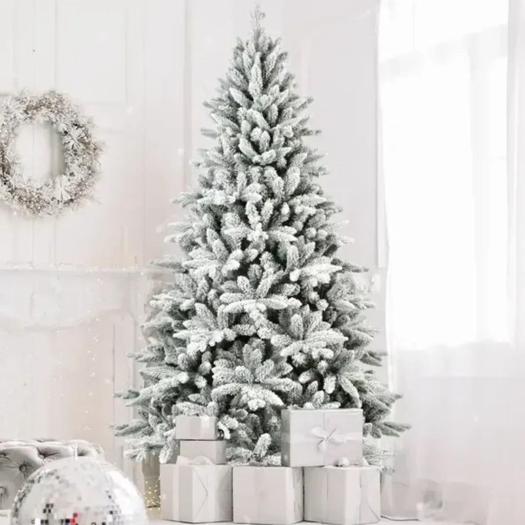 PVC PE Flocking hinged Christmas tree with presents underneath in a room setting.